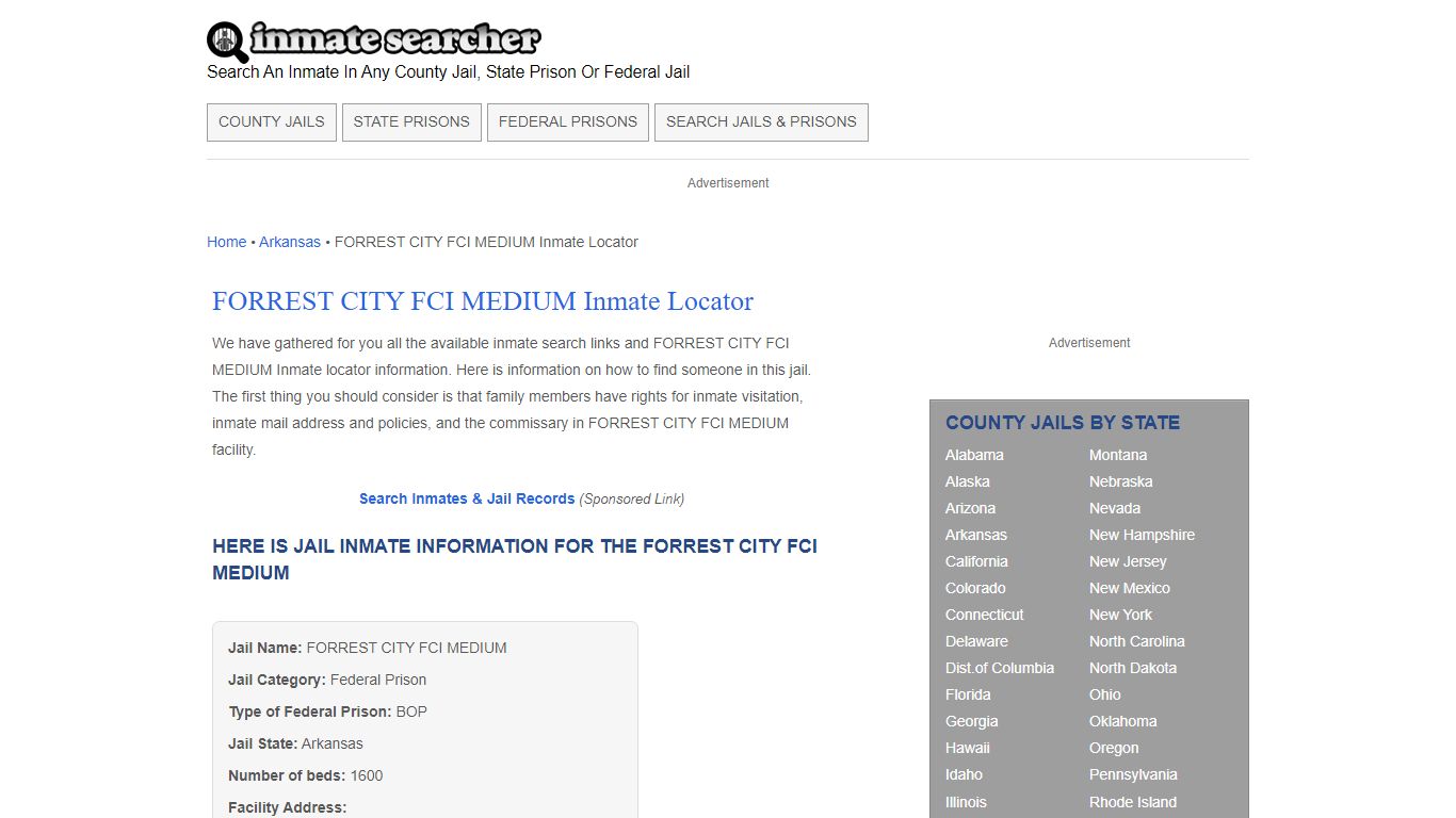 FORREST CITY FCI MEDIUM Inmate Locator - Inmate Searcher
